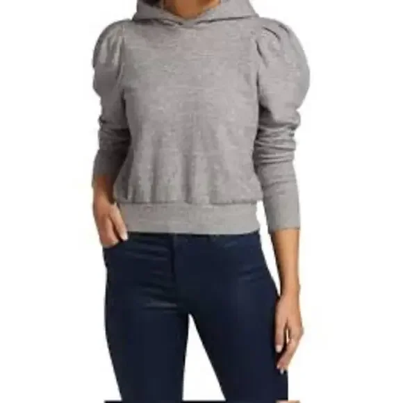 AG Jeans 100% Cotton Puff Sleeve Hoodie Heathered Gray XS Cottagecore Soft Girl - Picture 2 of 8